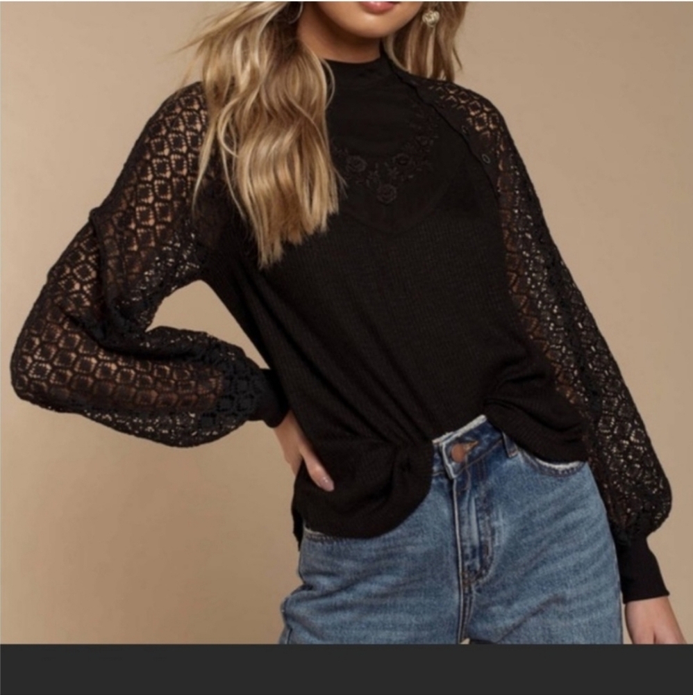 Free People Sweetest Thing Thermal Crochet Top Blouse Sweater Size M Black